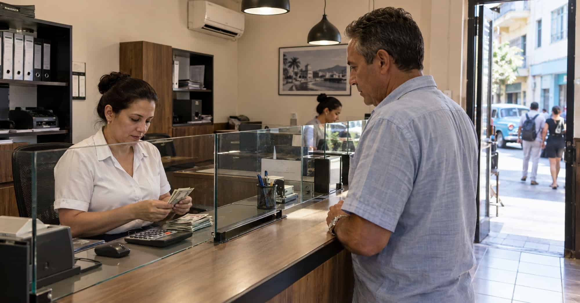 Empleada cuenta billetes mientras atiende a un cliente en una casa de cambio privada en Cuba.