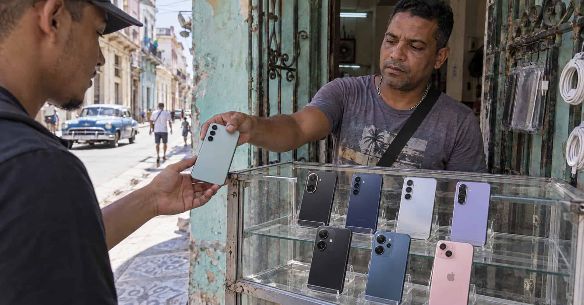 Vendedor entrega un teléfono a un cliente junto a una vitrina con celulares en un puesto de ambiente cubano.