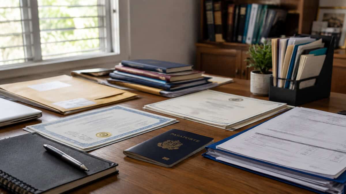 Documentos académicos, certificados, carpetas y pasaporte organizados sobre una mesa para realizar trámites en el extranjero.
