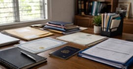 Documentos académicos, certificados, carpetas y pasaporte organizados sobre una mesa para realizar trámites en el extranjero.