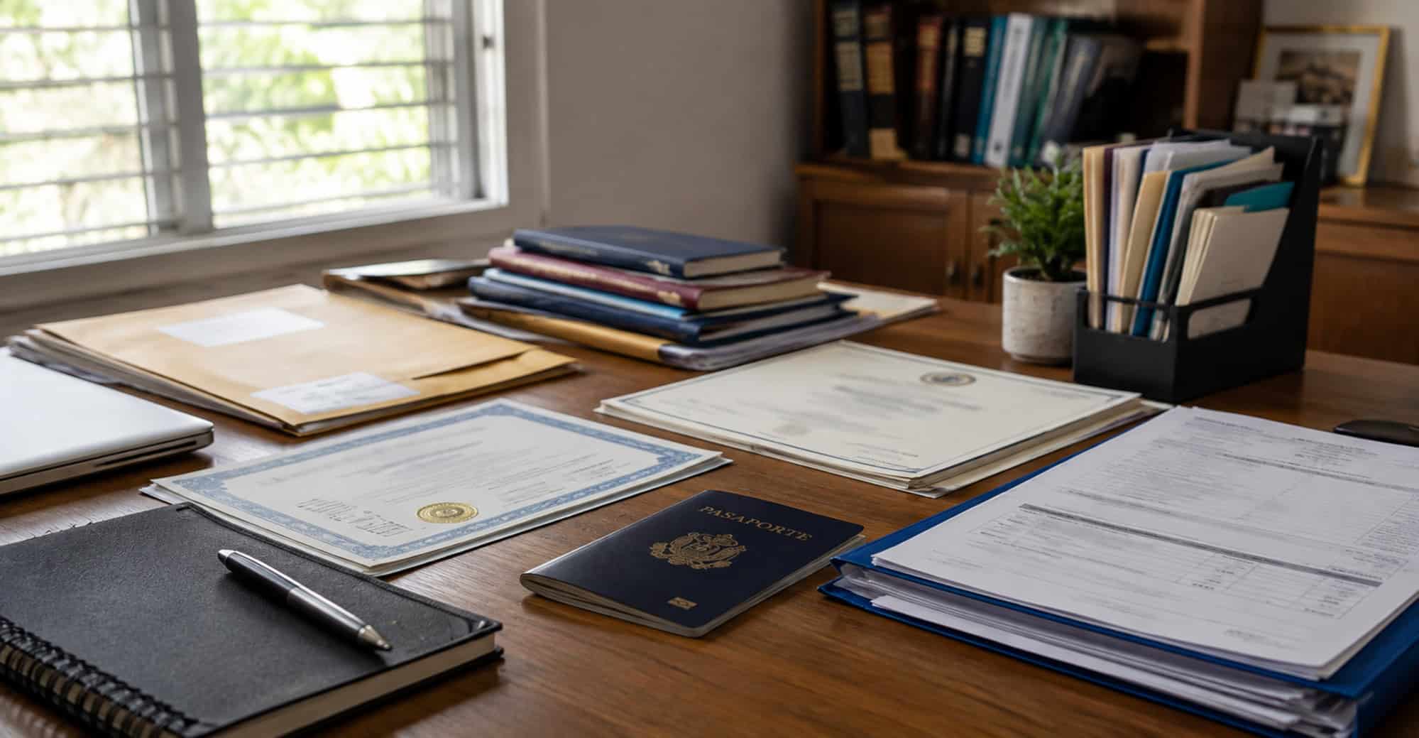 Documentos académicos, certificados, carpetas y pasaporte organizados sobre una mesa para realizar trámites en el extranjero.