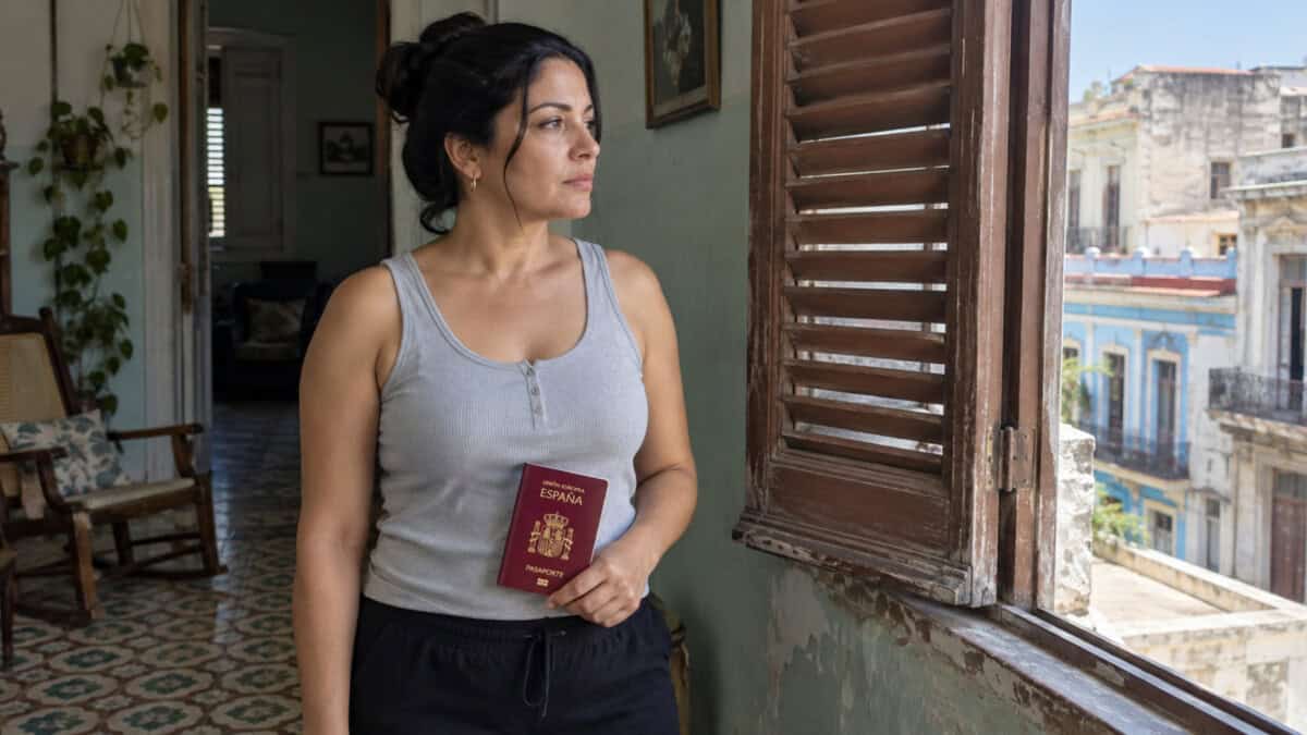 Mujer en una vivienda cubana sostiene un pasaporte español mientras mira por una ventana.