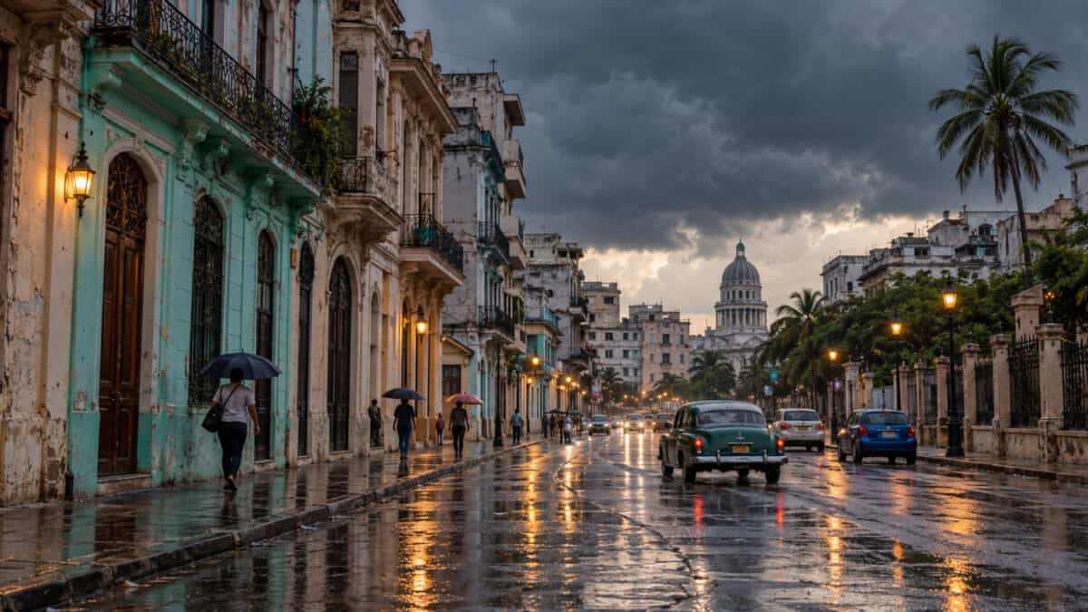 Calle de La Habana con el pavimento mojado, cielo nublado y personas caminando con paraguas.