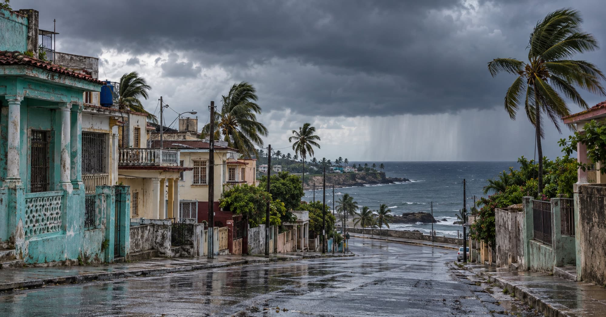 Calle húmeda y viviendas de una localidad costera cubana bajo nubes oscuras, con una cortina de lluvia sobre el mar.