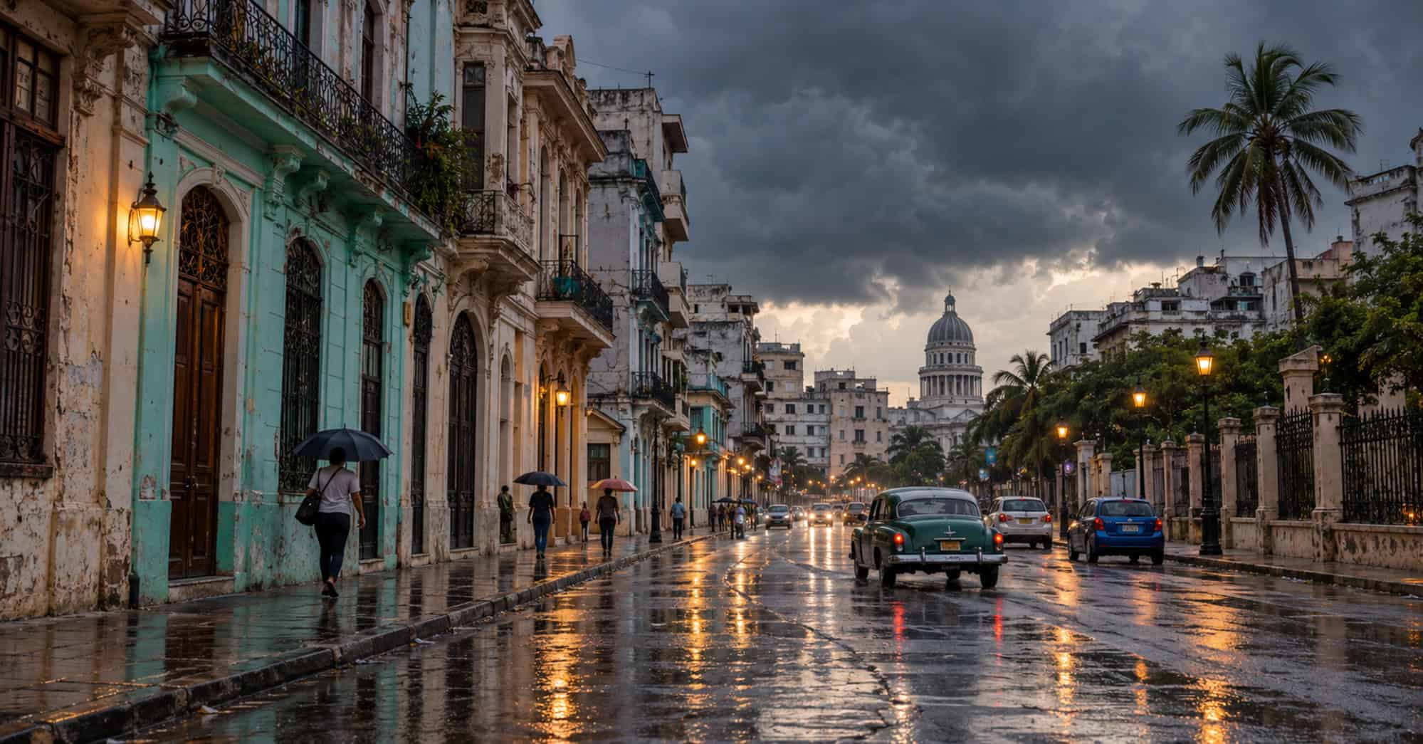 Calle de La Habana con el pavimento mojado, cielo nublado y personas caminando con paraguas.
