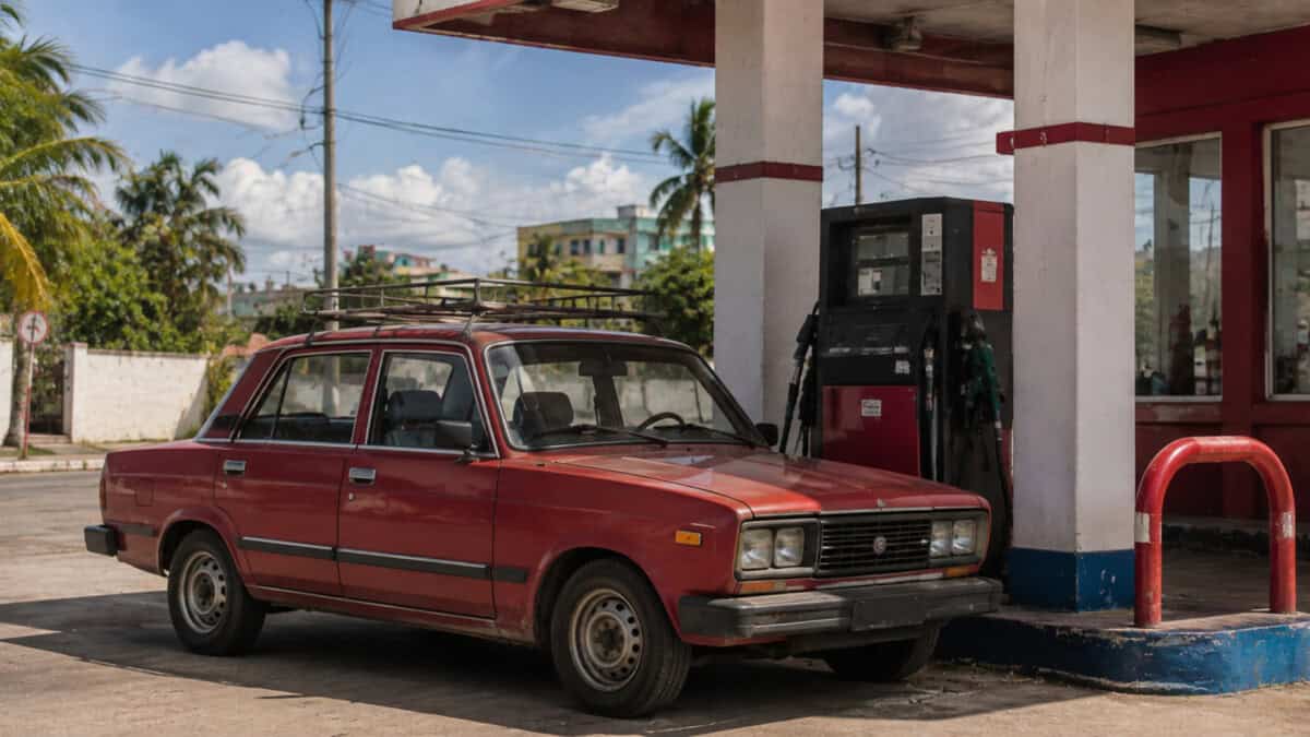 Automóvil antiguo junto a un surtidor de combustible en una estación de servicio cubana