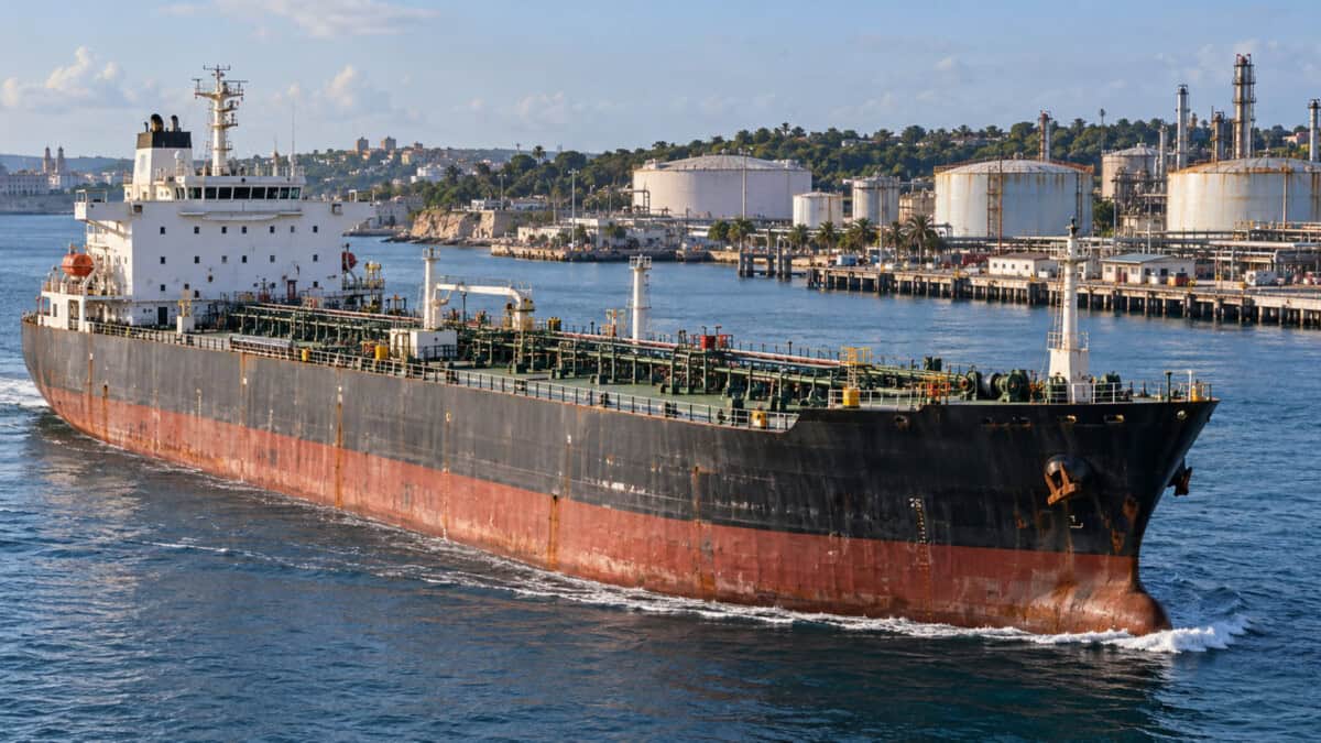 Buque petrolero navegando cerca de un puerto industrial caribeño con tanques de almacenamiento de combustible al fondo.