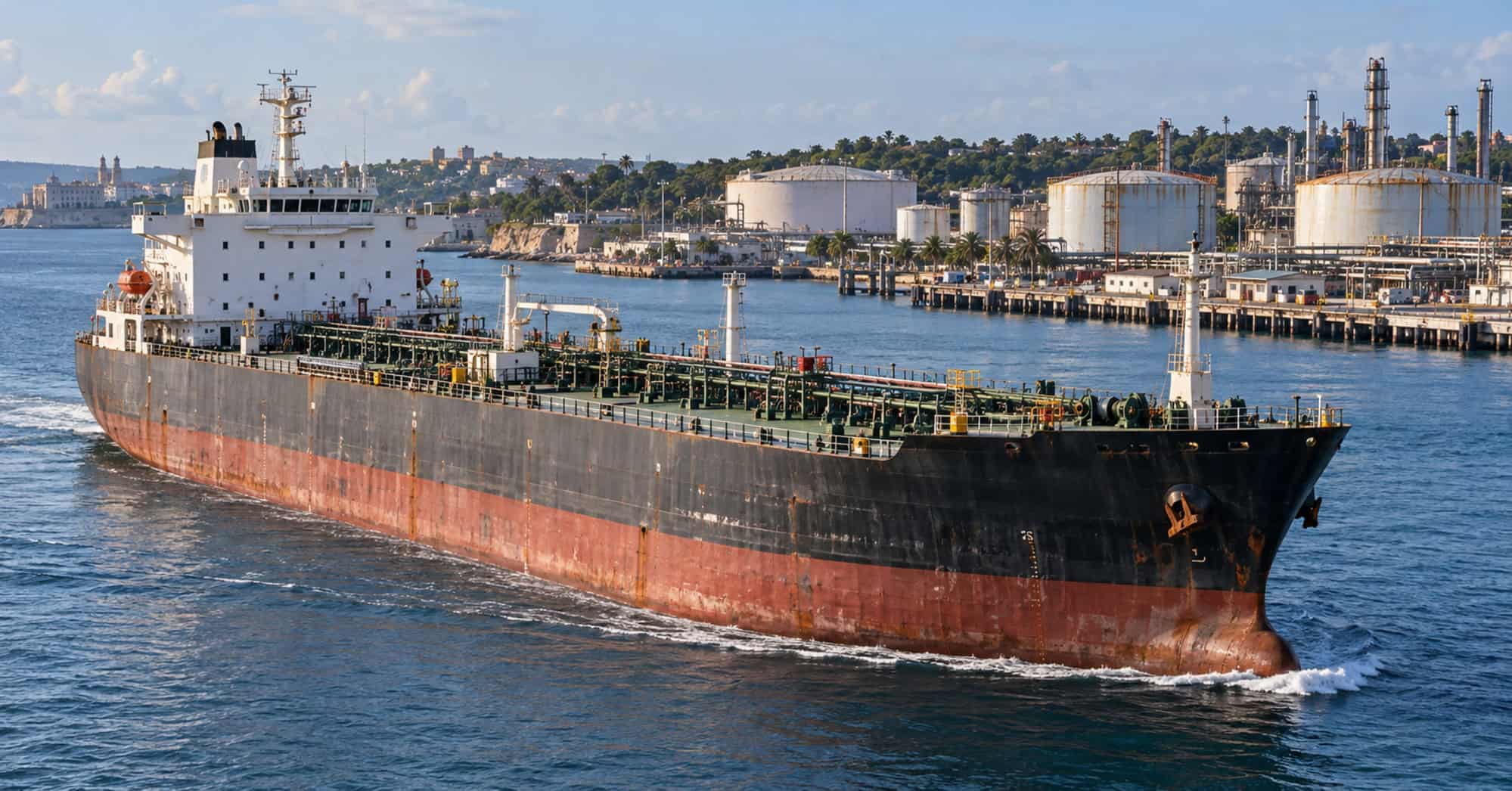 Buque petrolero navegando cerca de un puerto industrial caribeño con tanques de almacenamiento de combustible al fondo.