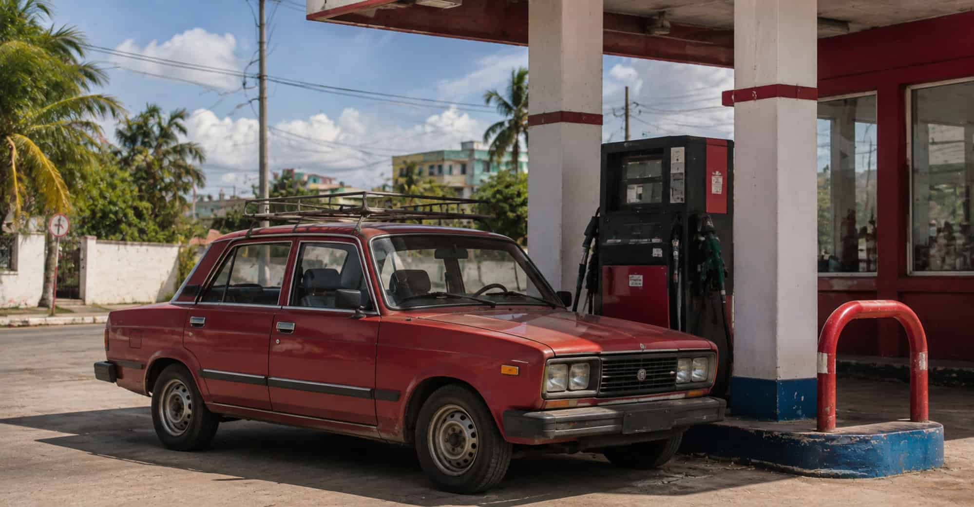 Automóvil antiguo junto a un surtidor de combustible en una estación de servicio cubana
