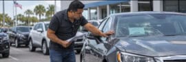 Hombre cubano revisa un automóvil usado y documentos de compra en un concesionario de Estados Unidos.
