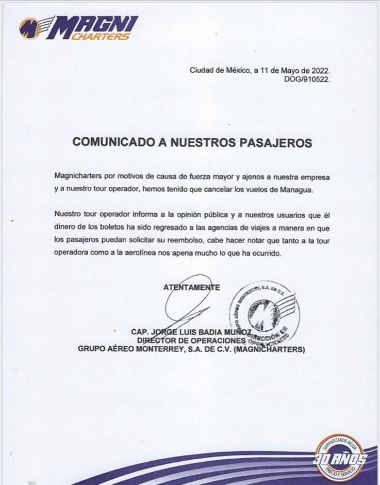 comunicado Magnicharters cancelacion de vuelos a nicaragua