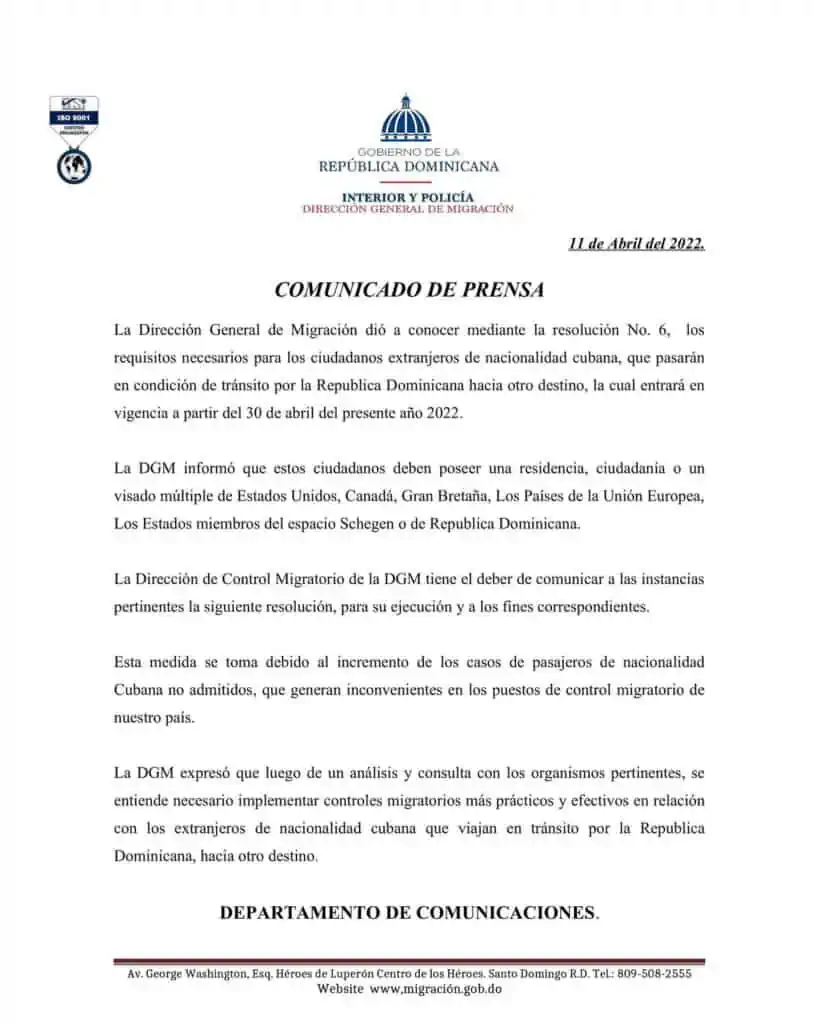 comunidaco de prensa visado de transito en republica dominicana para cubanos