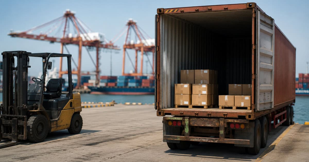 Contenedor marítimo abierto con cajas organizadas y montacargas en un puerto, representando los envíos internacionales de paquetes hacia Cuba.