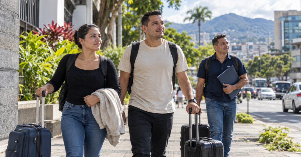 Tres adultos con maletas caminan por una calle urbana de Costa Rica.