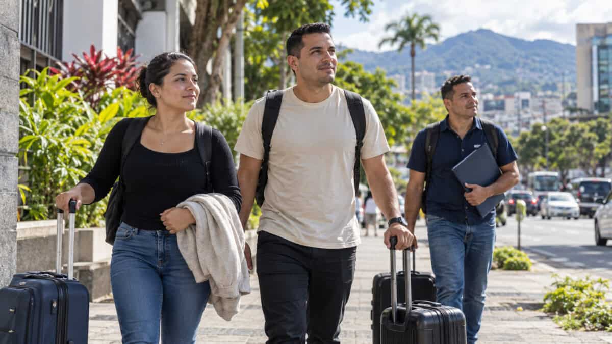 Tres adultos con maletas caminan por una calle urbana de Costa Rica.