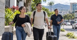 Tres adultos con maletas caminan por una calle urbana de Costa Rica.