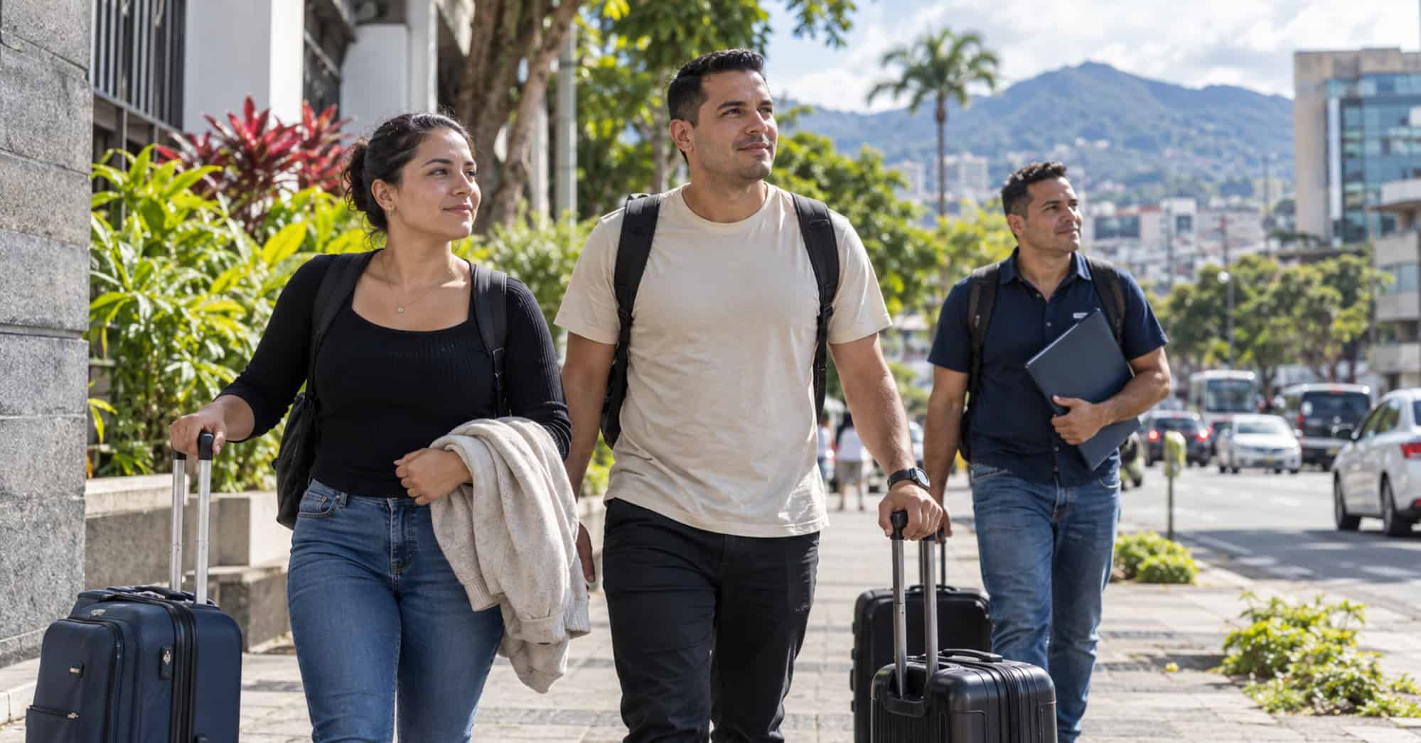 Tres adultos con maletas caminan por una calle urbana de Costa Rica.