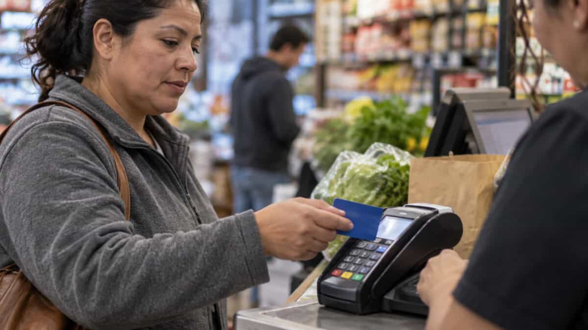 Persona inmigrante paga una compra cotidiana con tarjeta bancaria en un comercio de Estados Unidos.