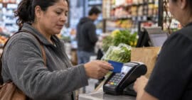 Persona inmigrante paga una compra cotidiana con tarjeta bancaria en un comercio de Estados Unidos.