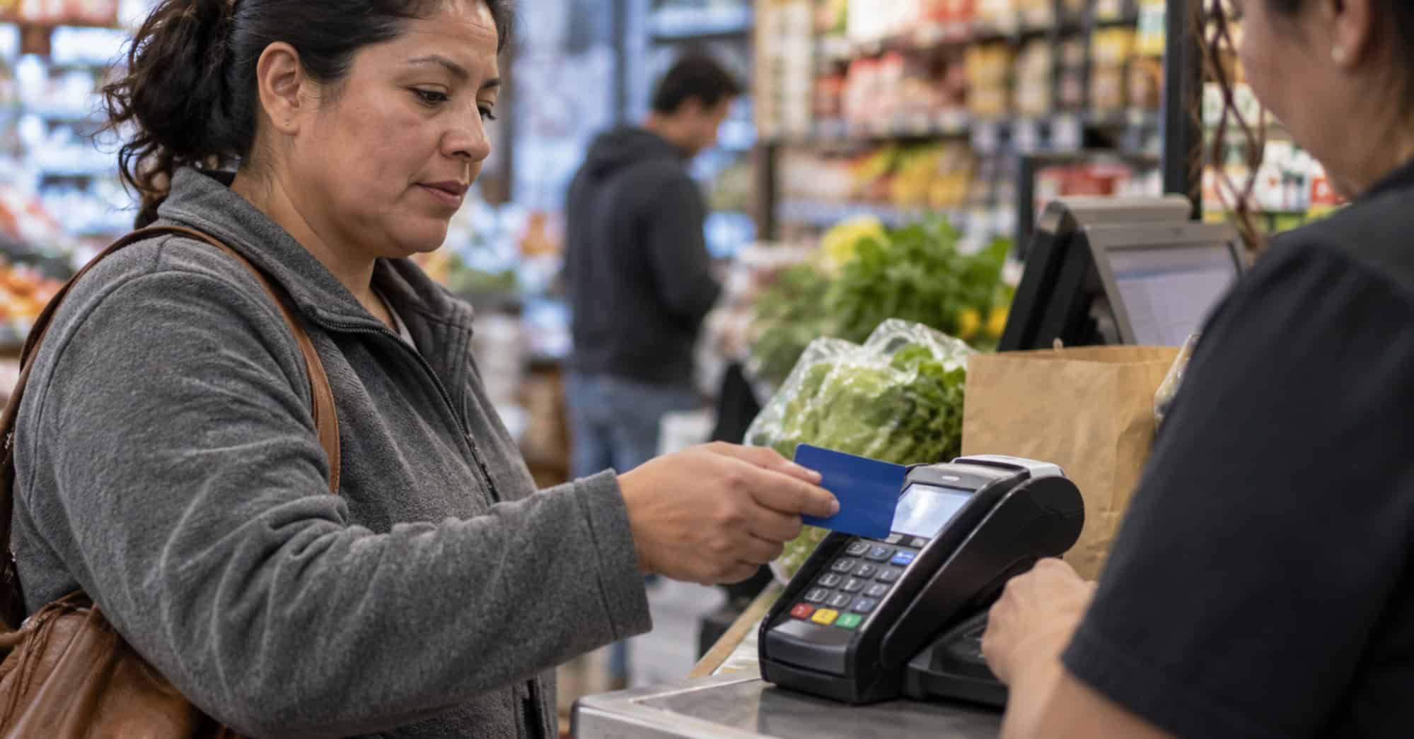 Persona inmigrante paga una compra cotidiana con tarjeta bancaria en un comercio de Estados Unidos.