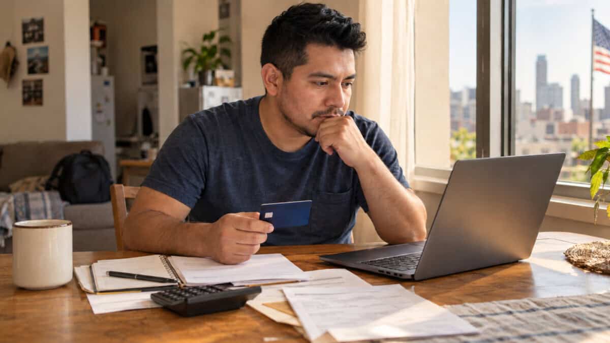 Inmigrante latino revisa sus finanzas personales en una laptop dentro de un apartamento en Estados Unidos.