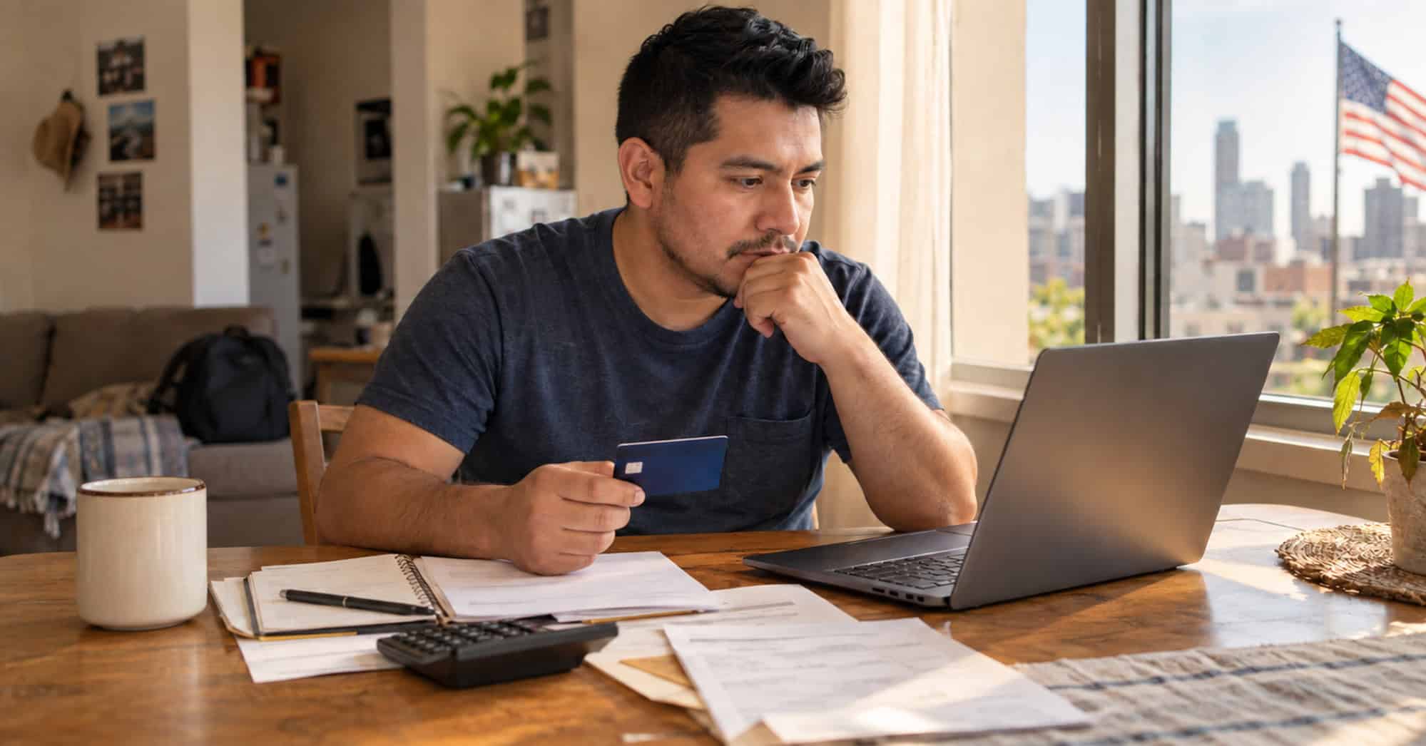 Inmigrante latino revisa sus finanzas personales en una laptop dentro de un apartamento en Estados Unidos.