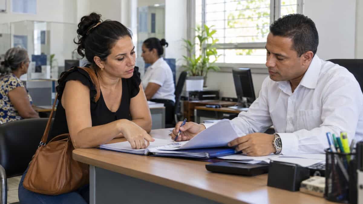 Una emprendedora revisa una carpeta de documentos con un empleado en una oficina bancaria cubana.