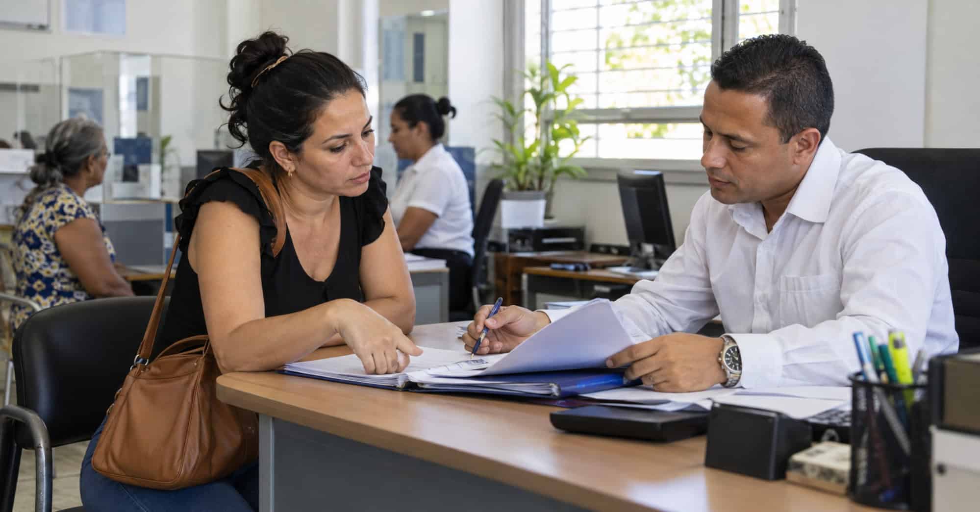 Una emprendedora revisa una carpeta de documentos con un empleado en una oficina bancaria cubana.