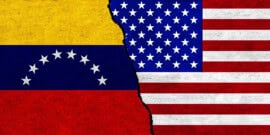 Banderas de Venezuela y Estados Unidos divididas representando la crisis bilateral de enero 2026