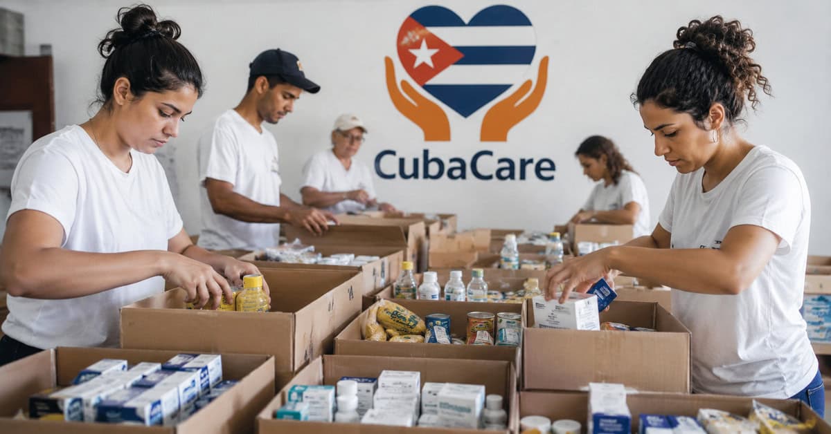 Voluntarios organizan medicamentos y alimentos para ayuda humanitaria destinada a familias en Cuba