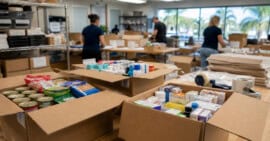 Cajas de envío con alimentos, medicinas y productos de aseo preparadas para enviar a Cuba desde Florida