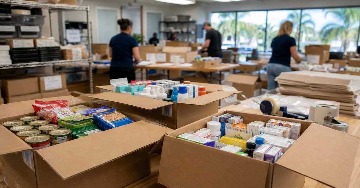 Cajas de envío con alimentos, medicinas y productos de aseo preparadas para enviar a Cuba desde Florida