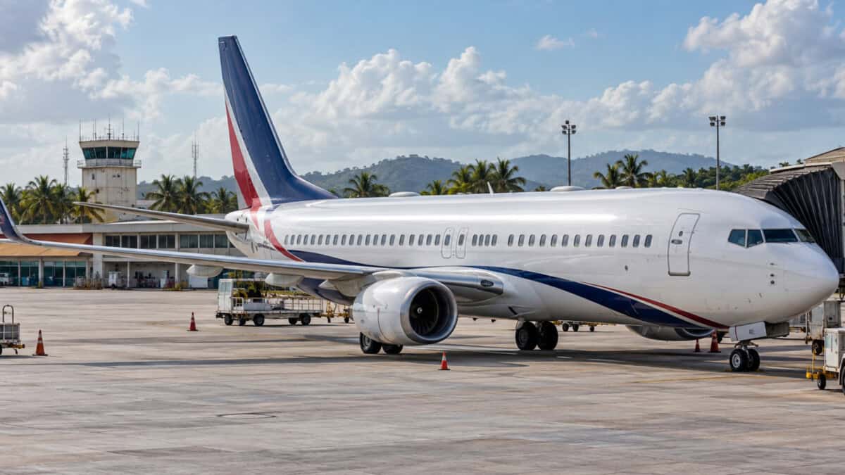 Avión comercial de pasajeros en la plataforma de un aeropuerto caribeño, con una terminal y vegetación tropical al fondo.