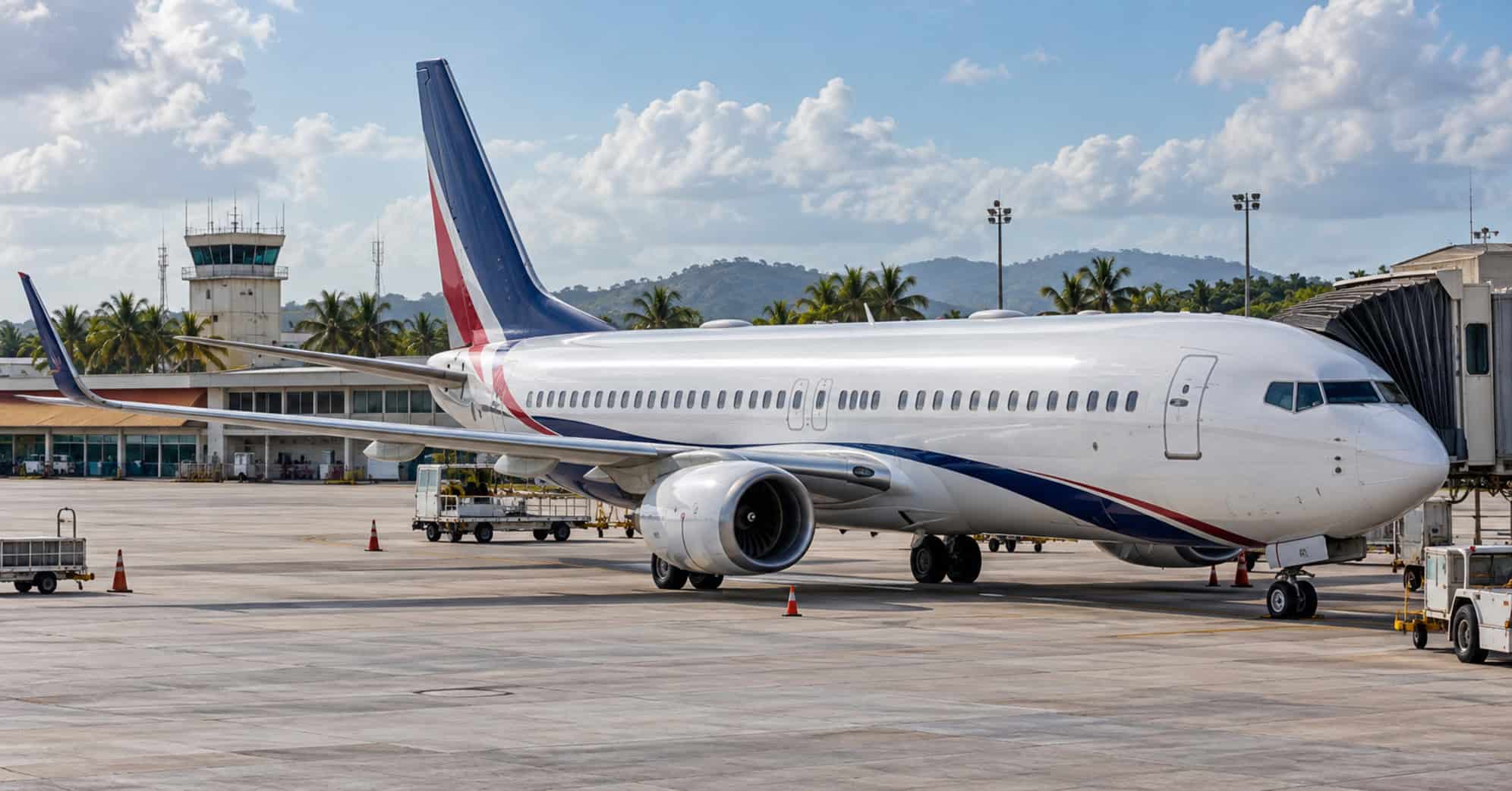 Avión comercial de pasajeros en la plataforma de un aeropuerto caribeño, con una terminal y vegetación tropical al fondo.