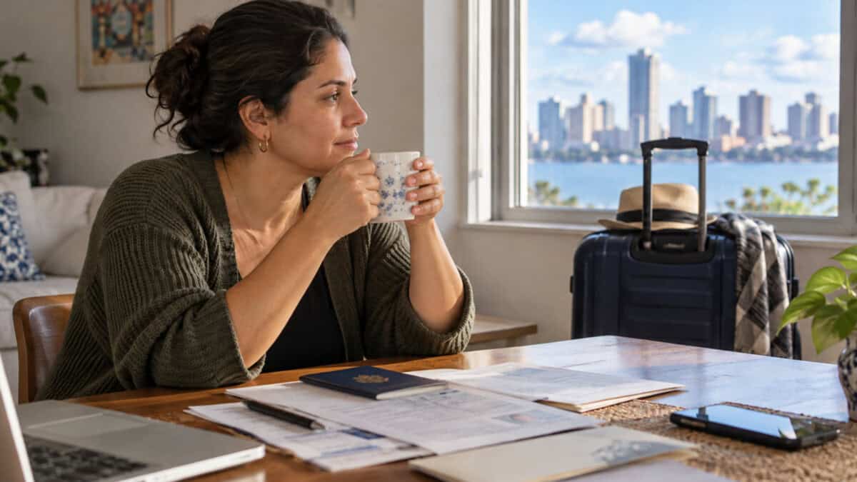Mujer cubana toma café junto a una ventana, con un pasaporte y documentos migratorios sobre la mesa.