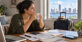Mujer cubana toma café junto a una ventana, con un pasaporte y documentos migratorios sobre la mesa.