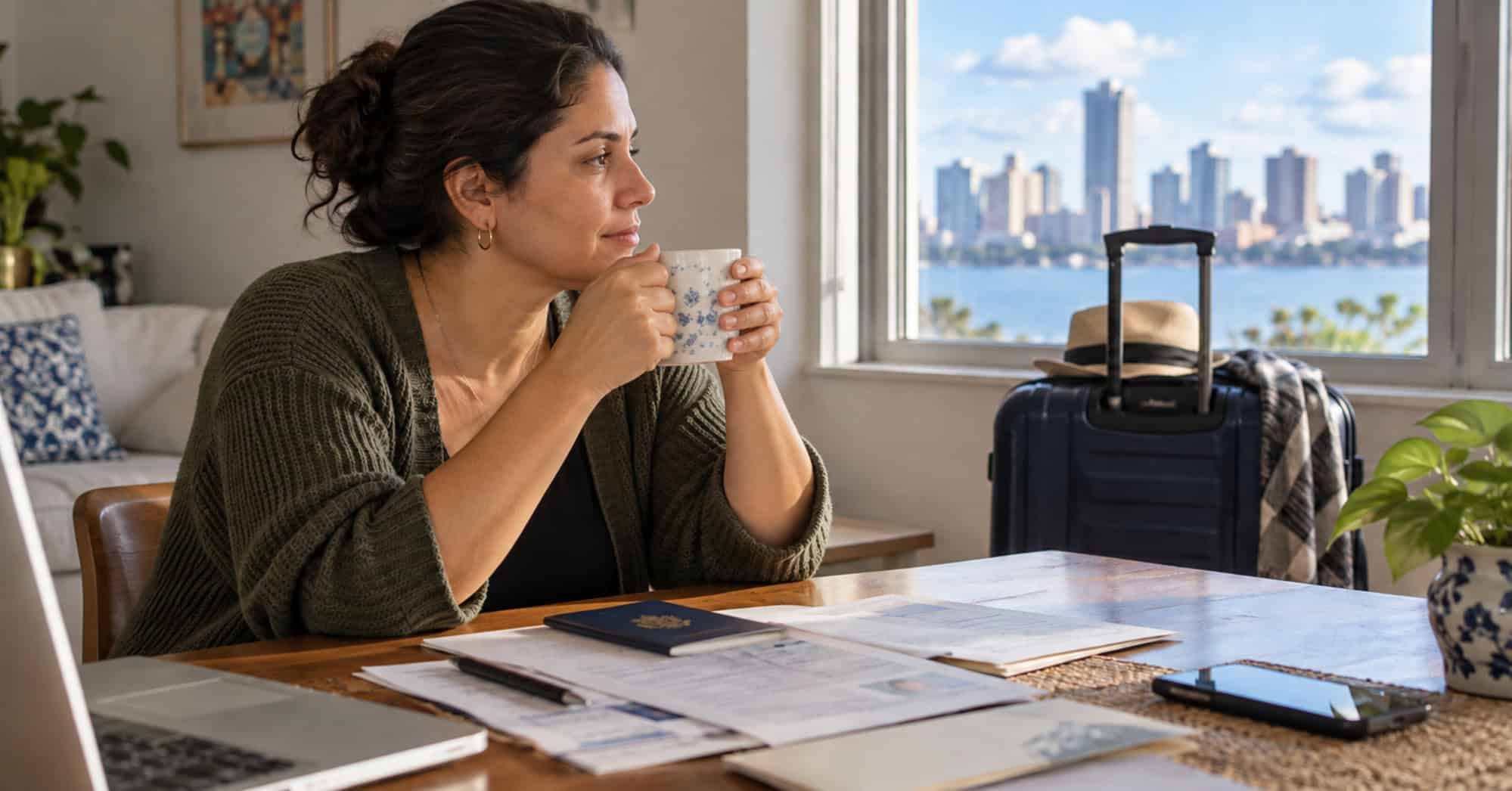 Mujer cubana toma café junto a una ventana, con un pasaporte y documentos migratorios sobre la mesa.