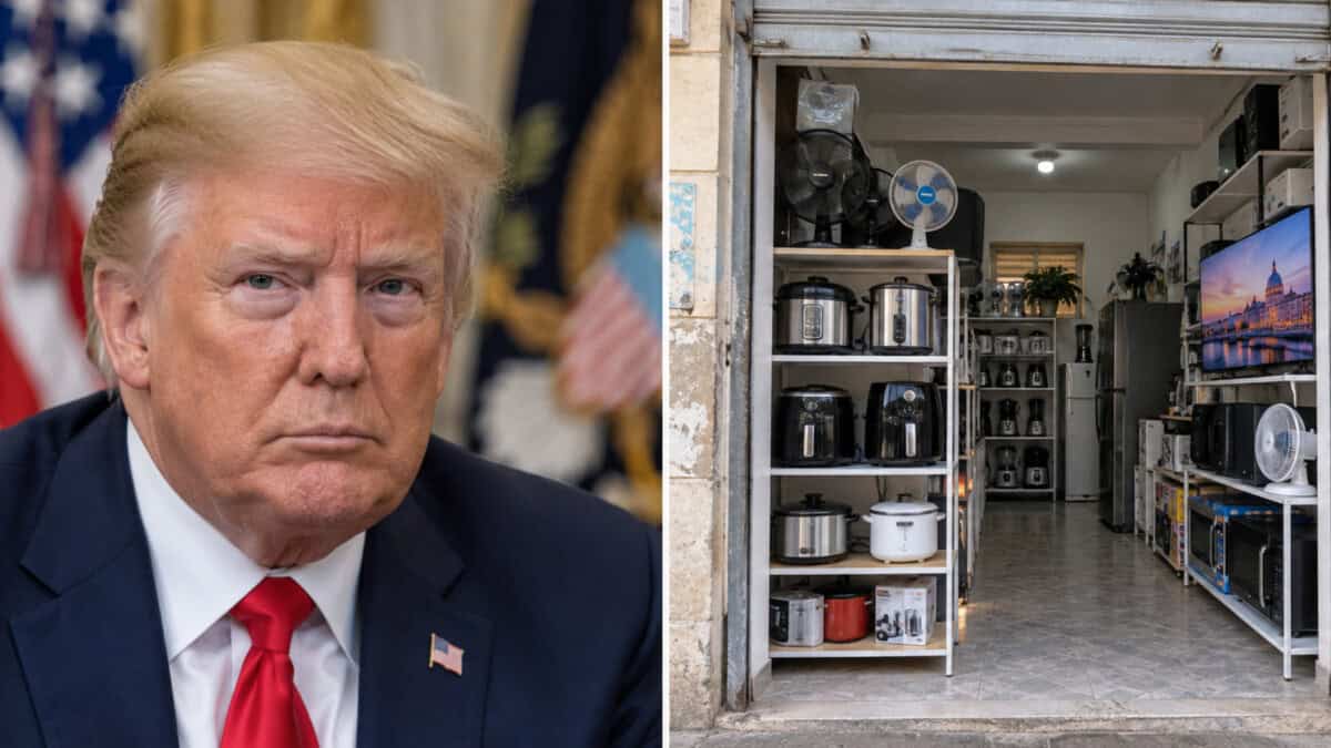 Composición de Donald Trump a la izquierda y una tienda privada de electrodomésticos en Cuba a la derecha, separados por una línea vertical.