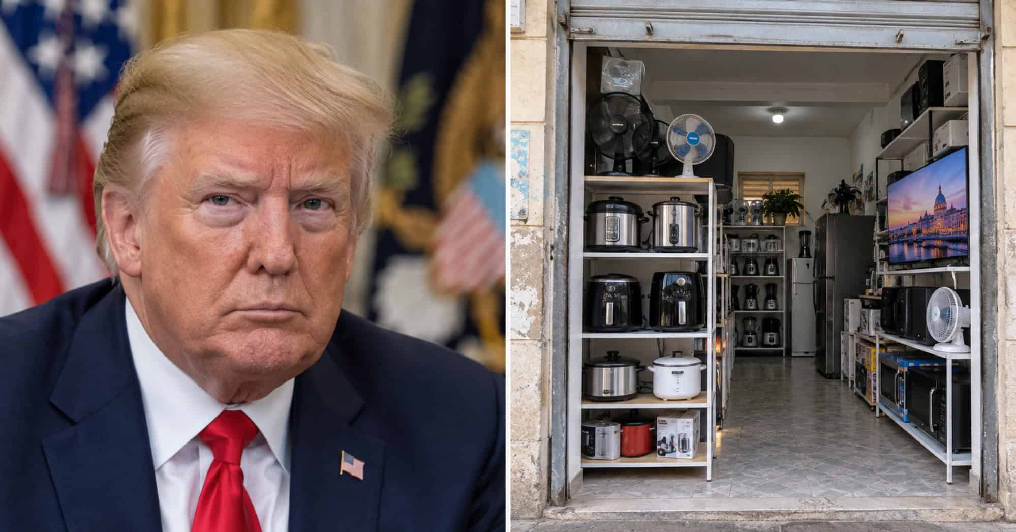 Composición de Donald Trump a la izquierda y una tienda privada de electrodomésticos en Cuba a la derecha, separados por una línea vertical.