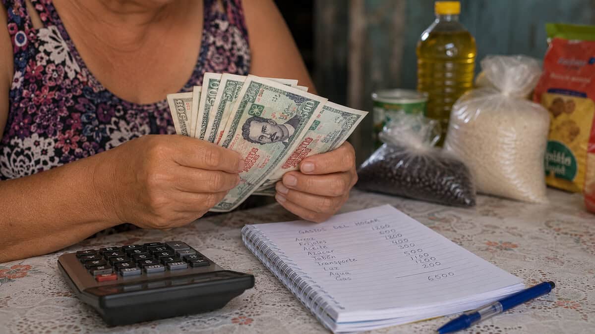 Persona contando billetes cubanos de 500 pesos con calculadora y libreta de gastos del hogar sobre una mesa.