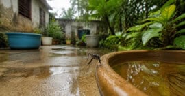 Mosquito Aedes aegypti junto a un recipiente con agua acumulada en el patio de una vivienda cubana.