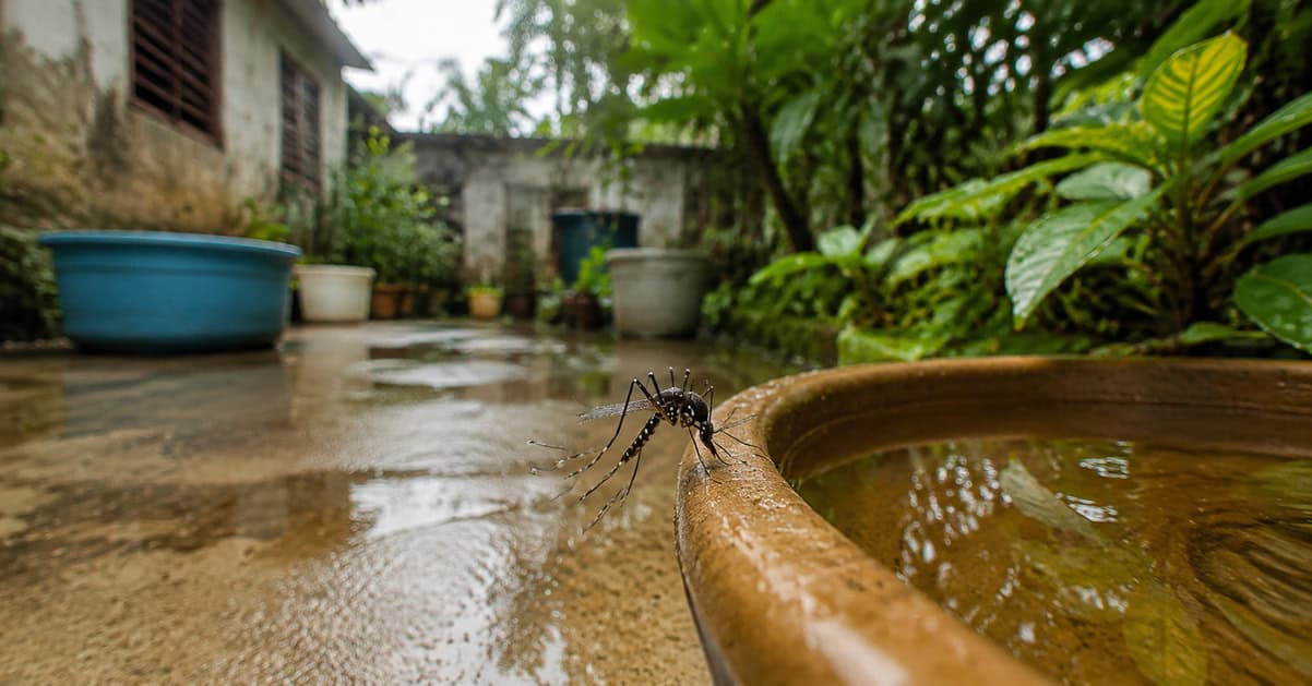 Mosquito Aedes aegypti junto a un recipiente con agua acumulada en el patio de una vivienda cubana.