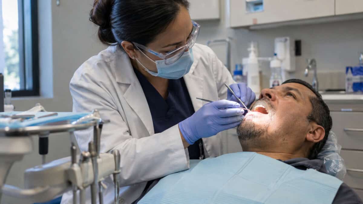 Dentista examina a un paciente adulto durante una consulta en una clínica comunitaria de Estados Unidos.