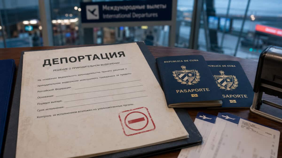 ocumento de deportación escrito en ruso junto a dos pasaportes cubanos en un aeropuerto de Moscú