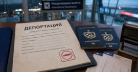 ocumento de deportación escrito en ruso junto a dos pasaportes cubanos en un aeropuerto de Moscú
