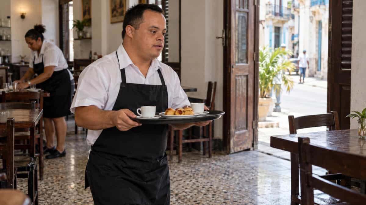 Persona adulta con síndrome de Down sirve café y bocaditos como dependiente en un local gastronómico cubano.