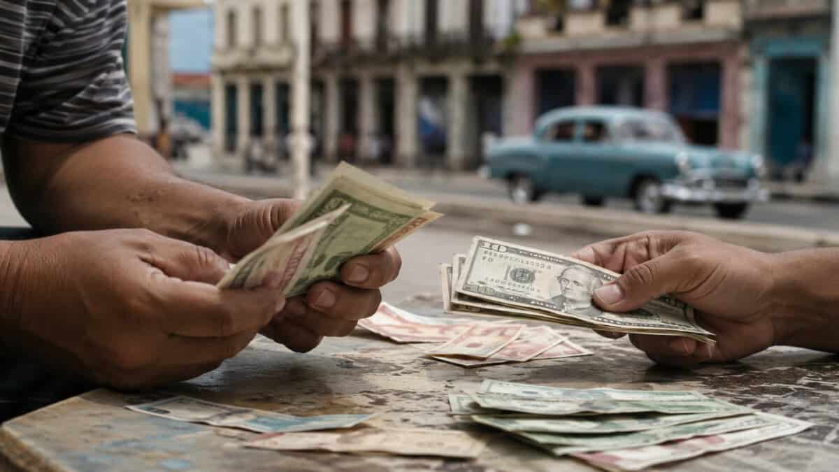 Escena editorial sobre dólares, euros y pesos cubanos en el mercado informal de Cuba.