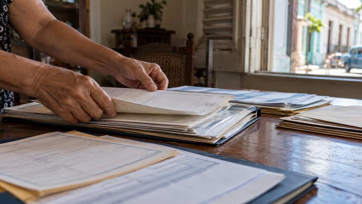 Manos de una persona adulta organizan una carpeta con documentos sobre una mesa de madera en una vivienda cubana.
