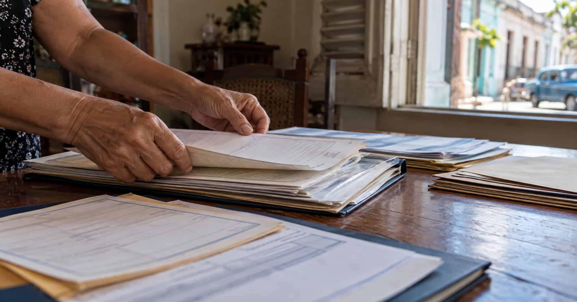 Manos de una persona adulta organizan una carpeta con documentos sobre una mesa de madera en una vivienda cubana.