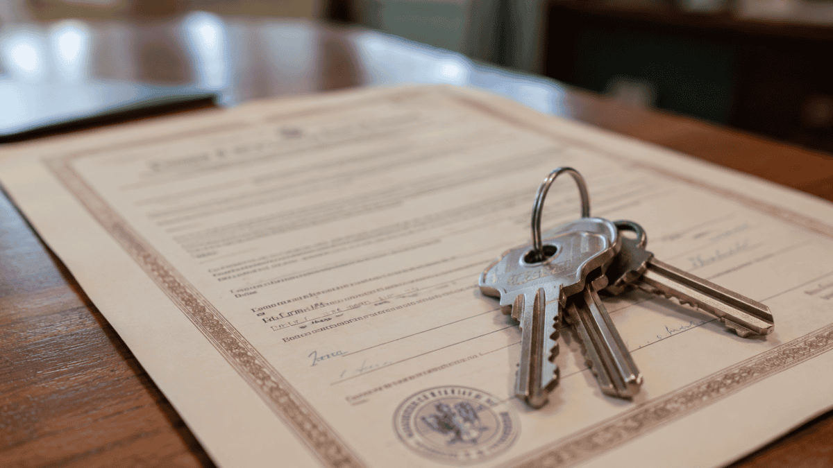 Llaves metálicas sobre documentos de propiedad de una vivienda, imagen representativa de los trámites para vender o heredar una casa en Cuba.